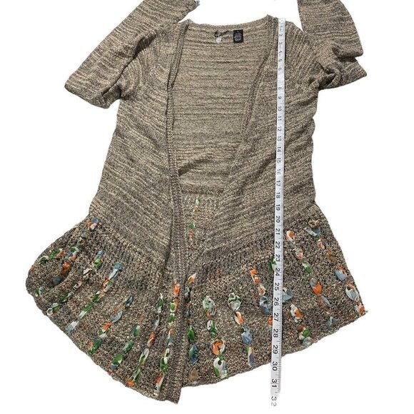 BKE Gimmicks Open Weave Women Tan Raw Edge Chiffon Trim Wool Cardigan Sz Small - Picture 13 of 13